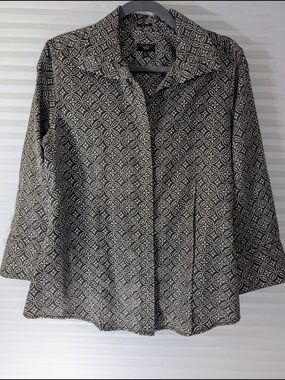 ​Talbots Petite 12P Retro 70s Style Brown Geometric Cotton Blouse